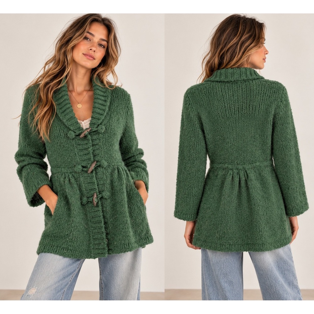 Green Mohair Alpaca Wool Blend Toggle Cardigan Sweater S Boho Cottage Earthy
